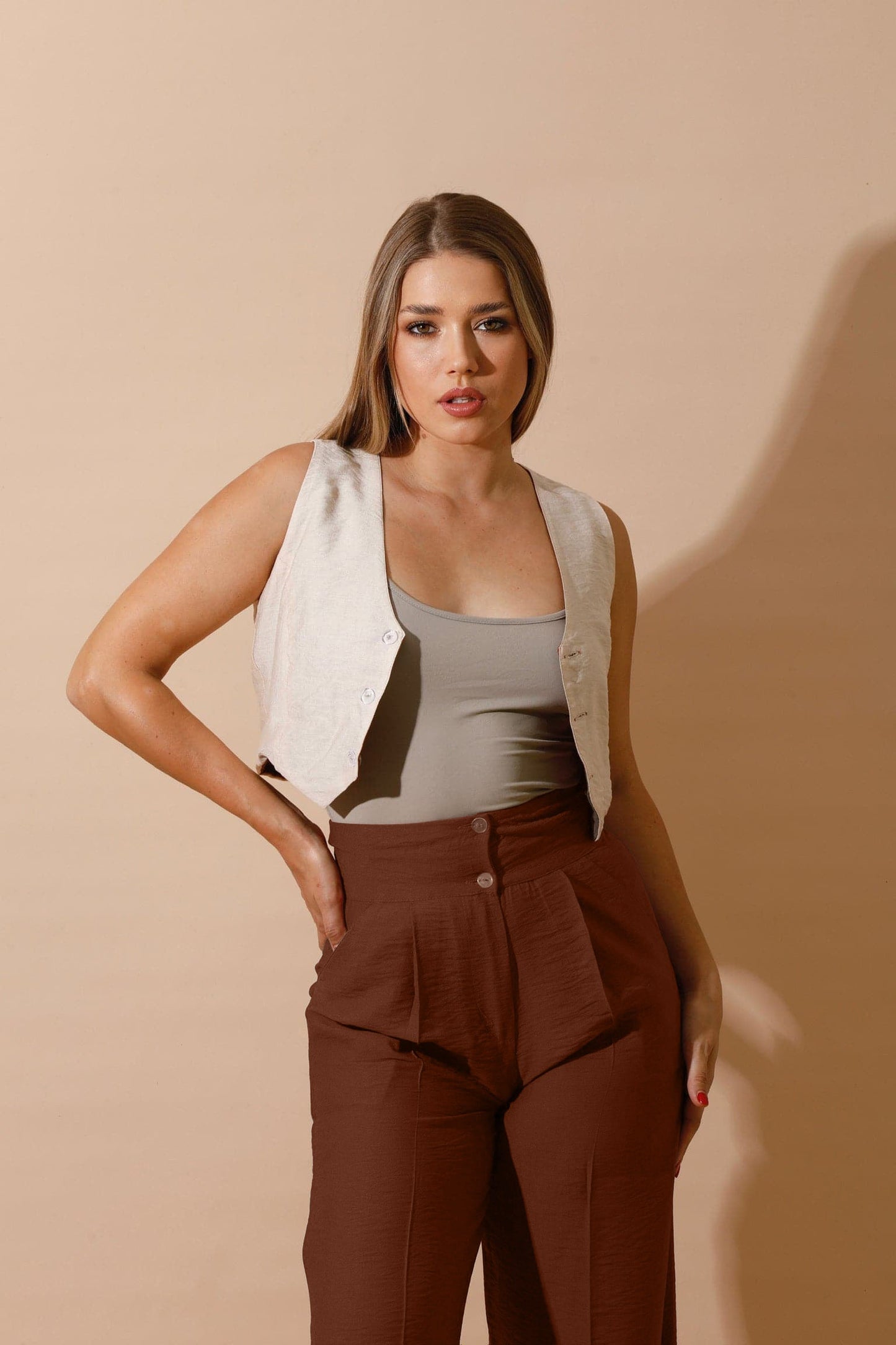 Linen-blend Double-Faced Vest & High Waist Trouser Pant - Brown/Beige-1