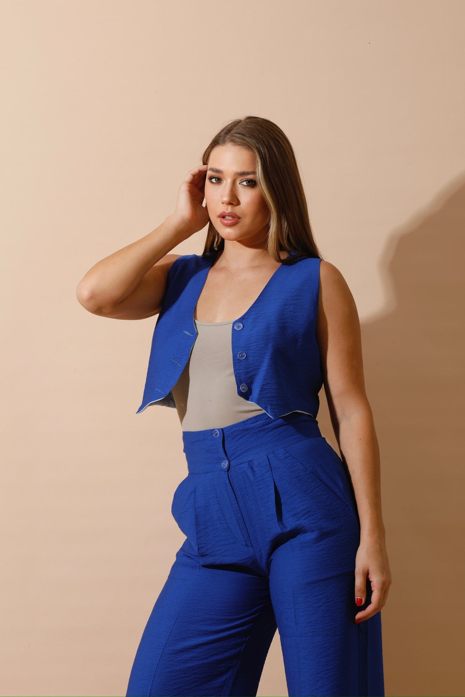 Linen-blend Double-Faced Vest & High Waist Trouser Pant -  Blue-0