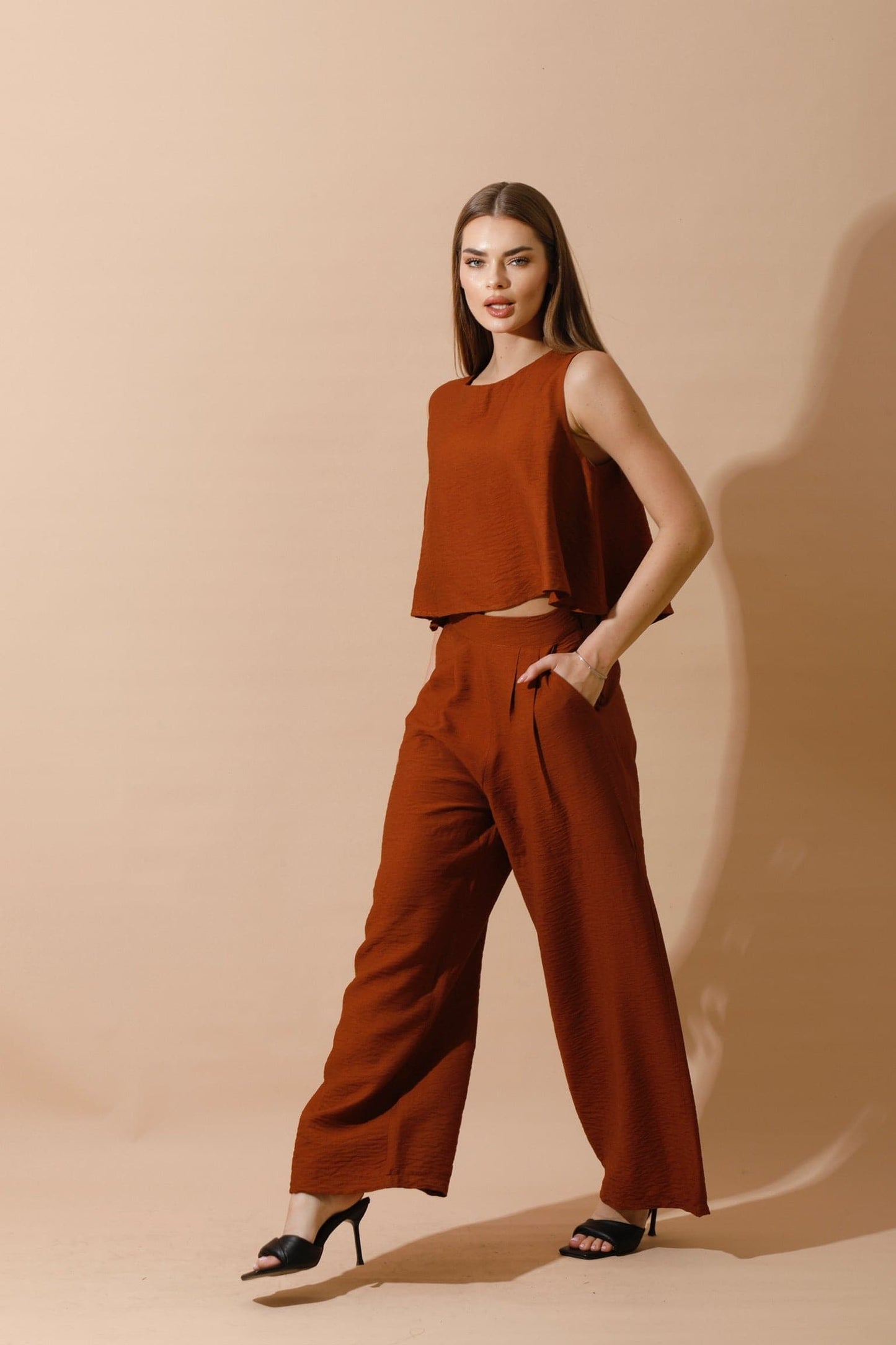 Linen-Blend Sleeveless Tank Top & Wide Leg Trouser Pant - Brown-2