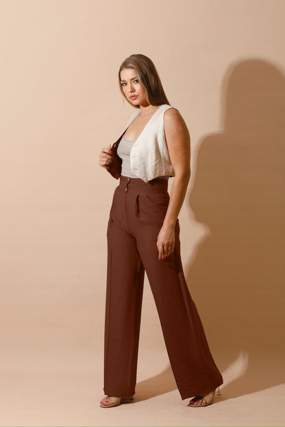 High Waist Linen-Blend Pants - Brown-1