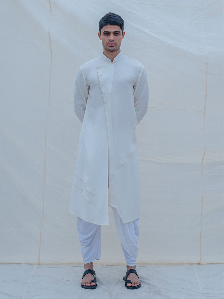 Off White Self Textured Kurta & Dhoti Set-0