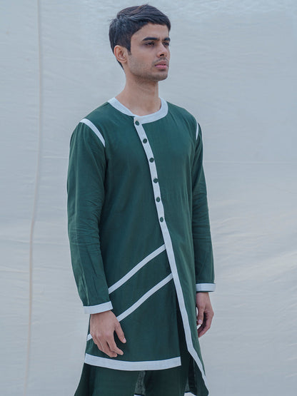 Cotton X Linen Dark Green Asymmetric Kurta with Pant Set-0