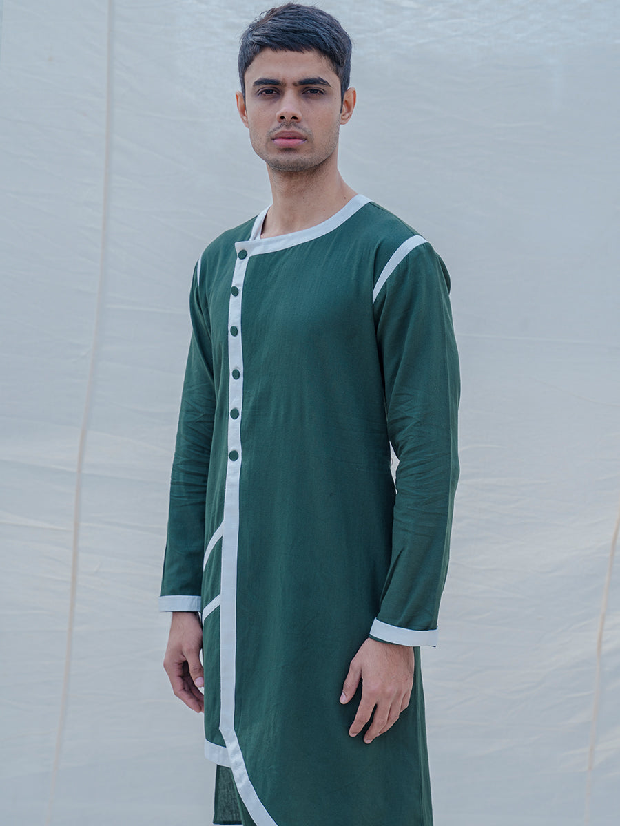 Cotton X Linen Dark Green Asymmetric Kurta with Pant Set-1