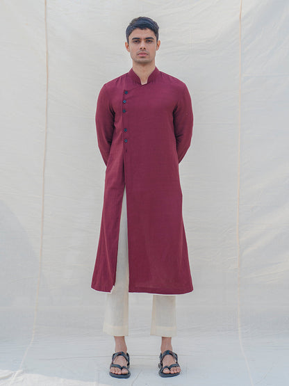 Cotton X Linen Maroon Kurta with Off-White Pant Set-0