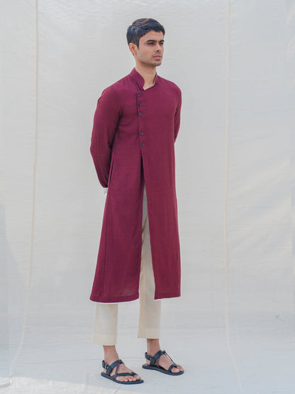 Cotton X Linen Maroon Kurta with Off-White Pant Set-1