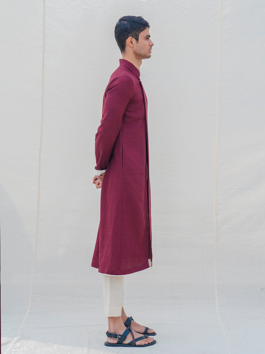 Cotton X Linen Maroon Kurta with Off-White Pant Set-3