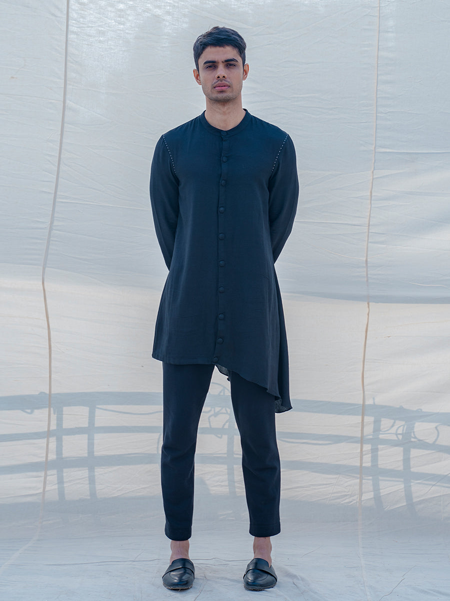 Cotton X Linen Bad & Black Kurta Set-0