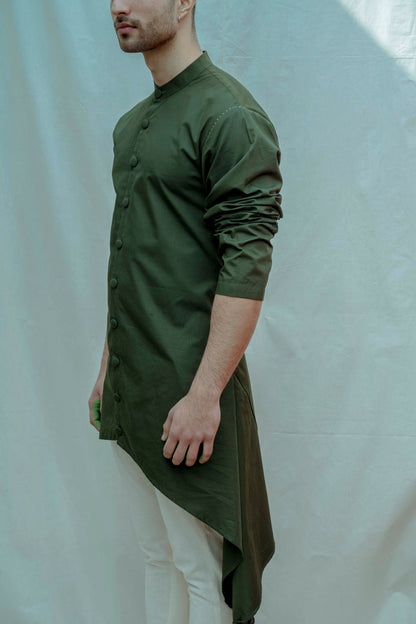 Cotton X Linen - Bottle Green Front Open Kurta Set-2