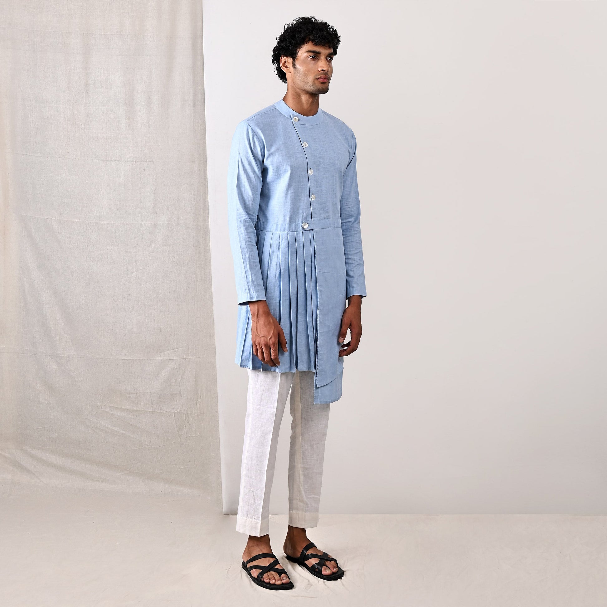 Braxton - sky Blue Asymmetrical Pleated Kurta Set-1