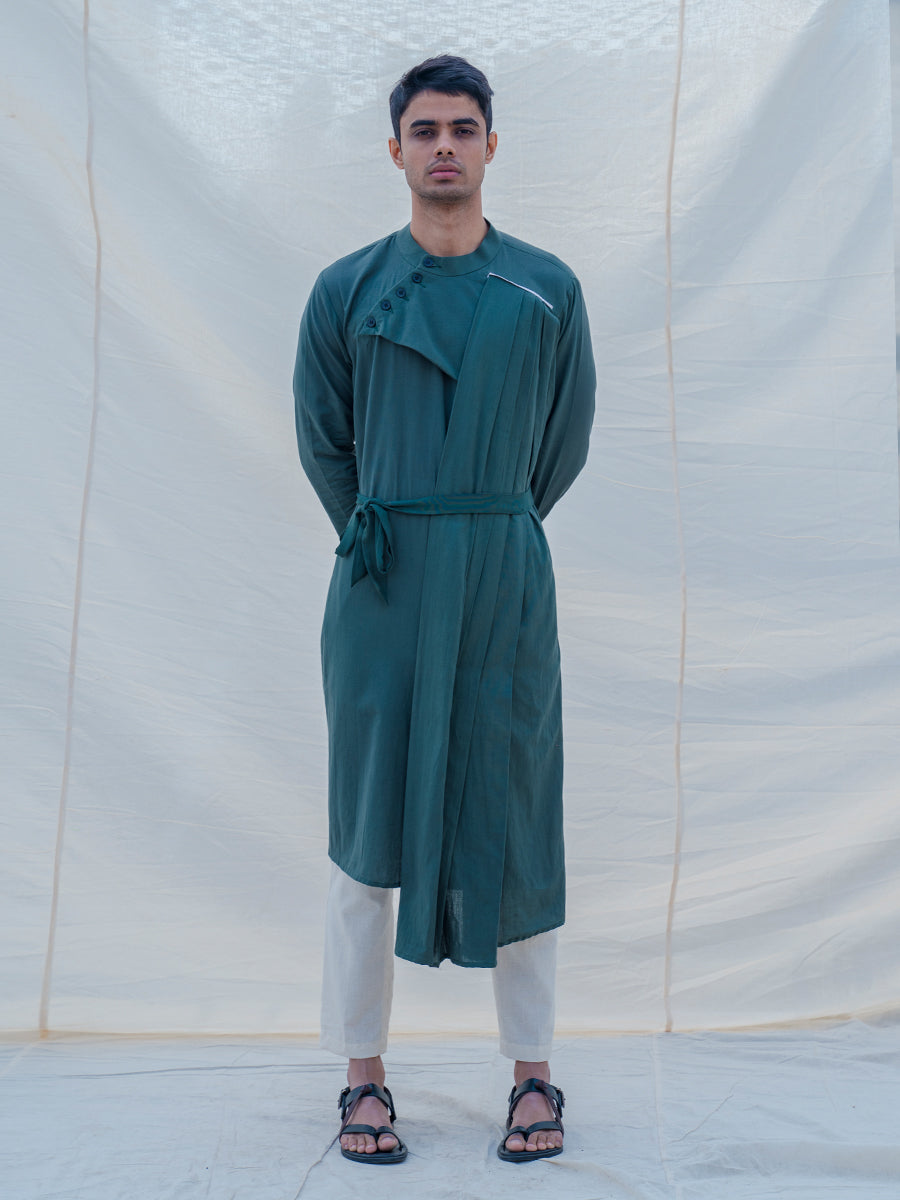 Cotton X Linen kurta in Bottle Green-0