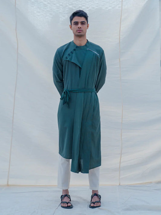 COTTON X LINEN - BOTTLE GREEN KURTA SET-0