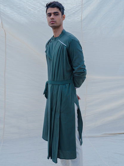 Cotton X Linen kurta in Bottle Green-4