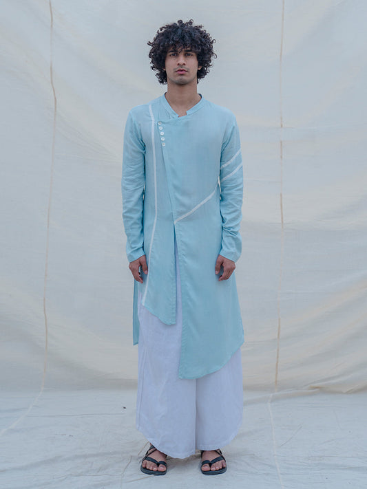 Cotton X Linen Aqua Blue Asymmetric Kurta-0