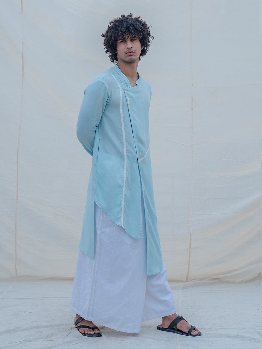 Cotton X Linen Aqua Blue Asymmetric Kurta-2