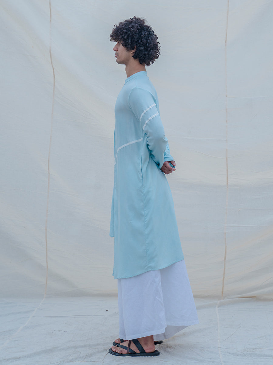 Cotton X Linen Aqua Blue Asymmetric Kurta-3