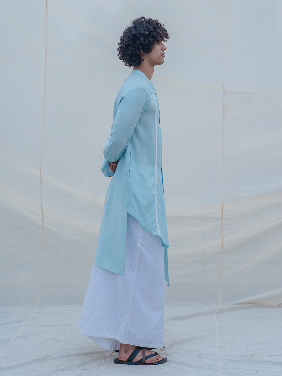 Cotton X Linen Aqua Blue Asymmetric Kurta-4