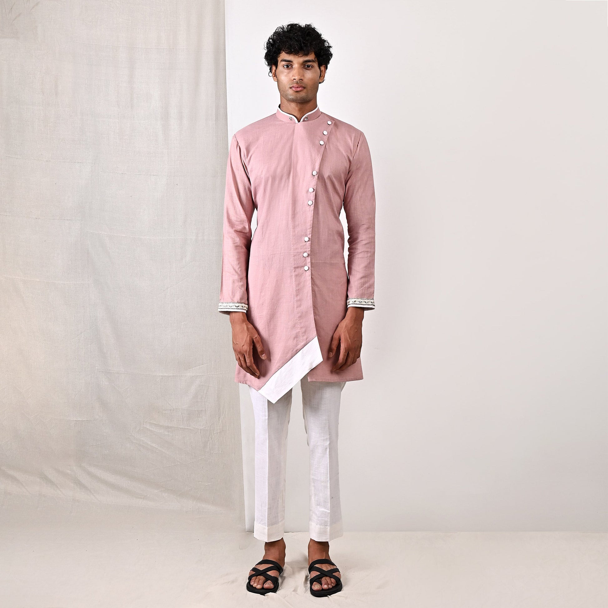 Colton- Mauve Hand Embroidery Asymmetric Kurta with Off-White Pant Set-0