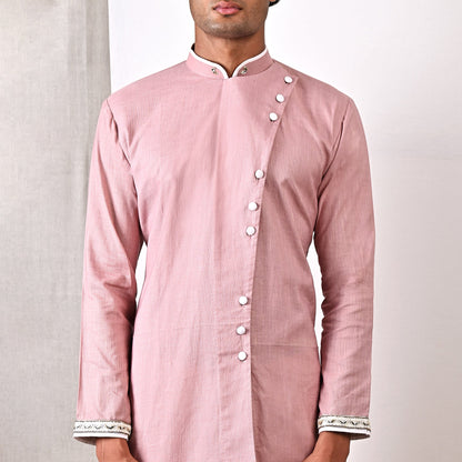 Colton- Mauve Hand Embroidery Asymmetric Kurta with Off-White Pant Set-1