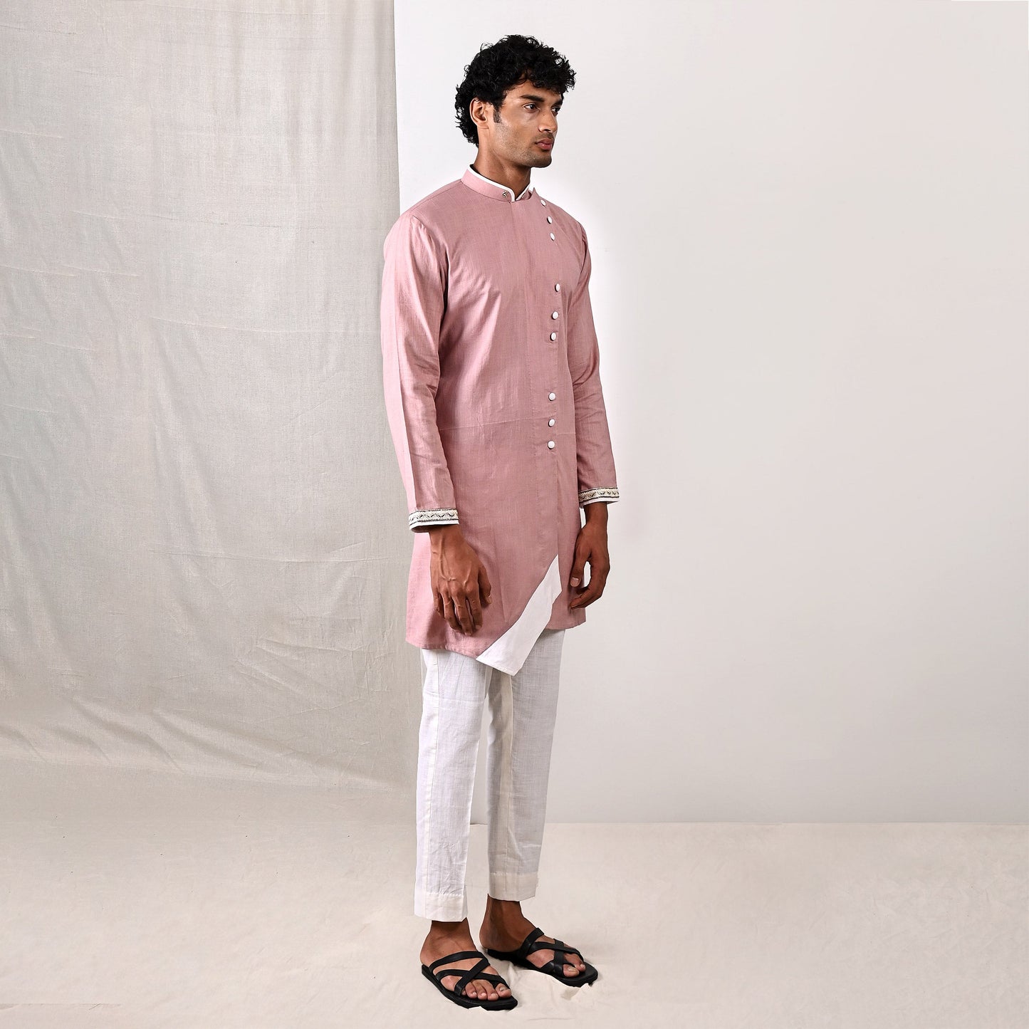 Colton- Mauve Hand Embroidery Asymmetric Kurta with Off-White Pant Set-2