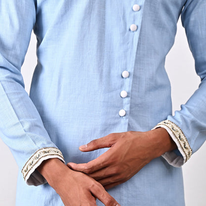 Wyatt - Sky Blue Embroidered Asymmetrical Kurta Set-2