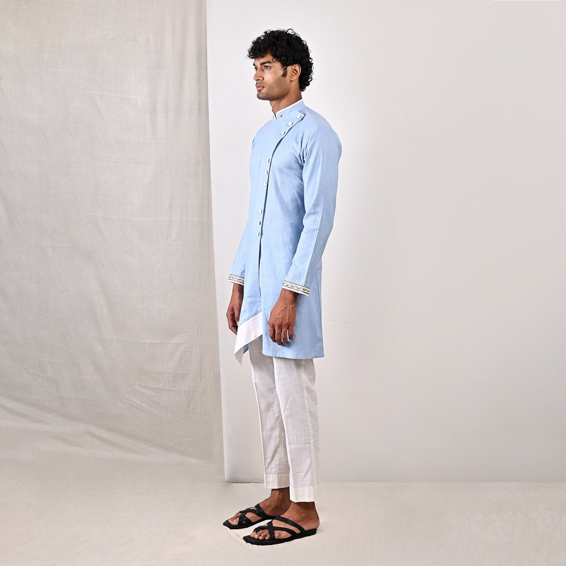 Wyatt - Sky Blue Embroidered Asymmetrical Kurta Set-4