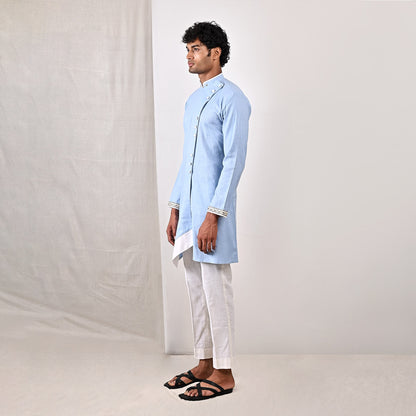 Wyatt - Sky Blue Embroidered Asymmetrical Kurta Set-4