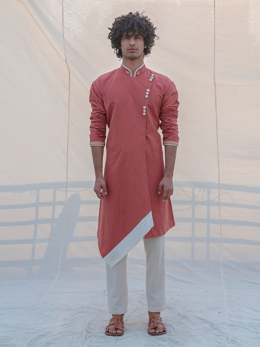 Cotton X Linen Coral & Mean Kurta-0