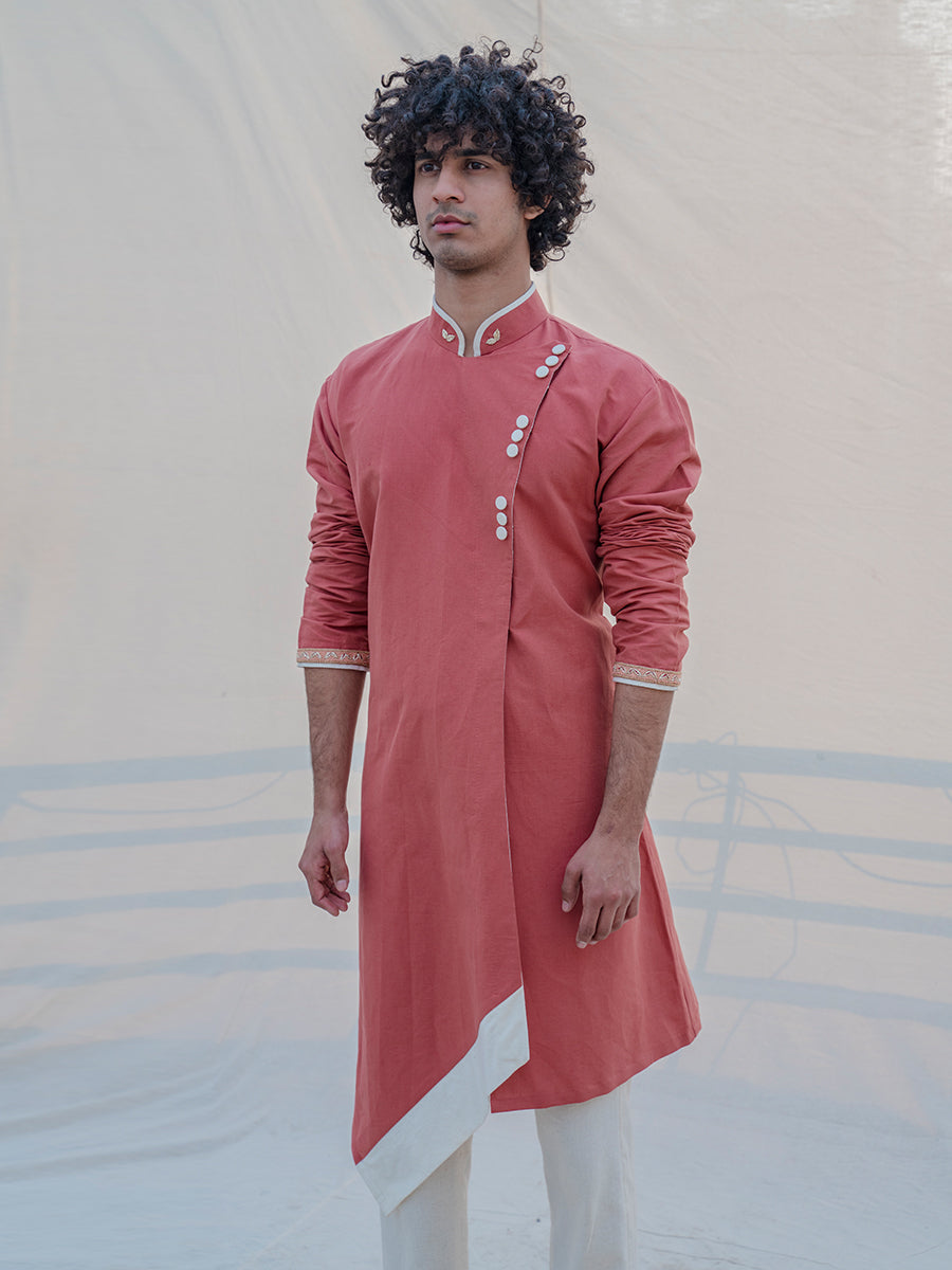 Cotton X Linen Coral & Mean Kurta-1