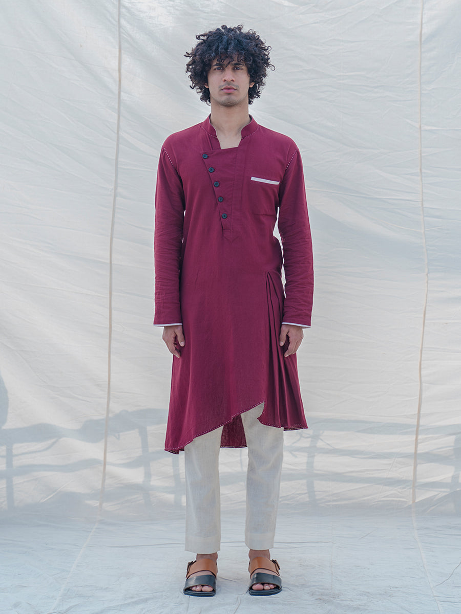 Cotton X Linen in Maroon Kurta-0