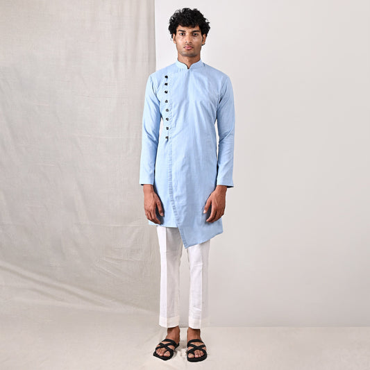 Jaxon - Sky Blue Asymmetrical Kurta With Off White Pant Set-0