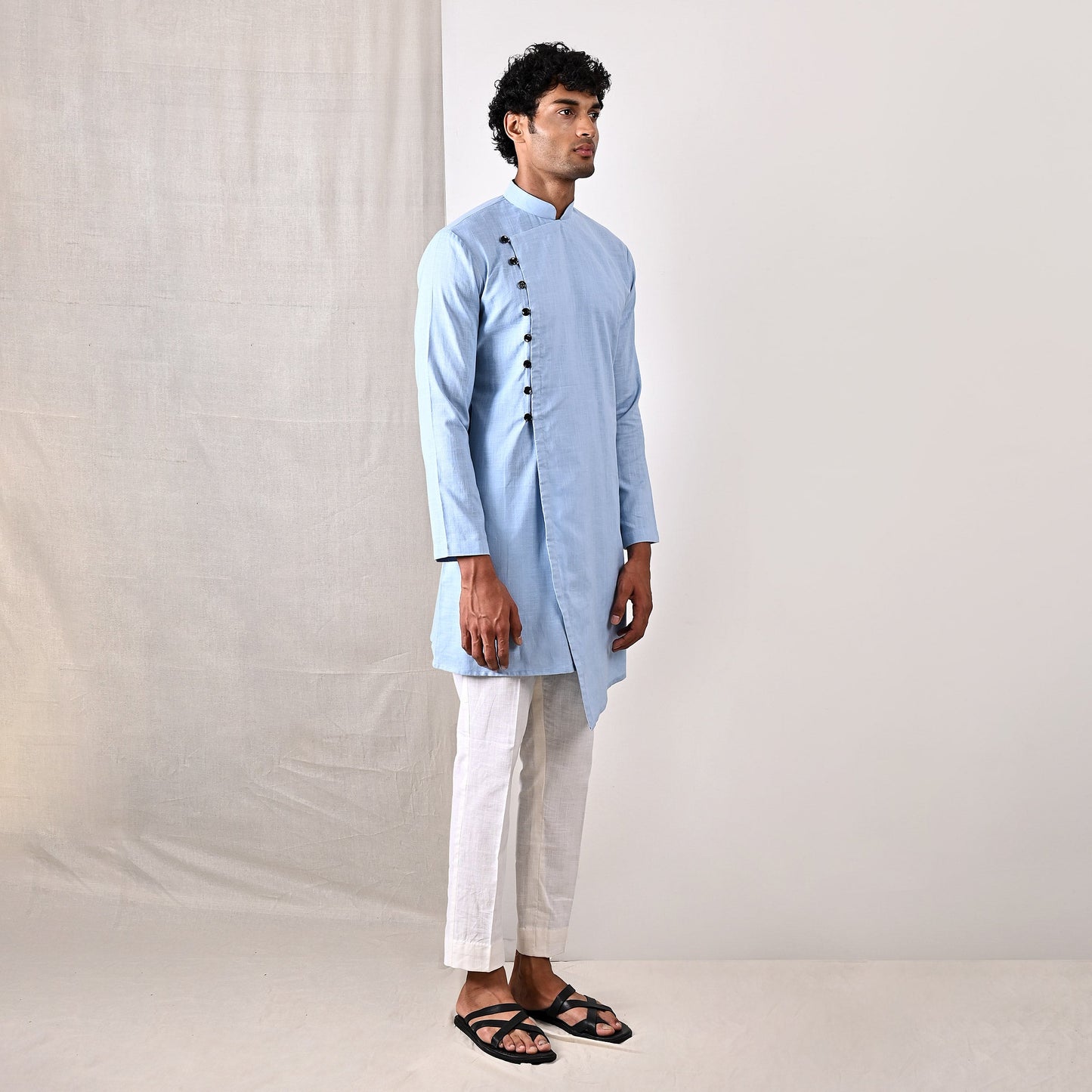 Jaxon - Sky Blue Asymmetrical Kurta With Off White Pant Set-1