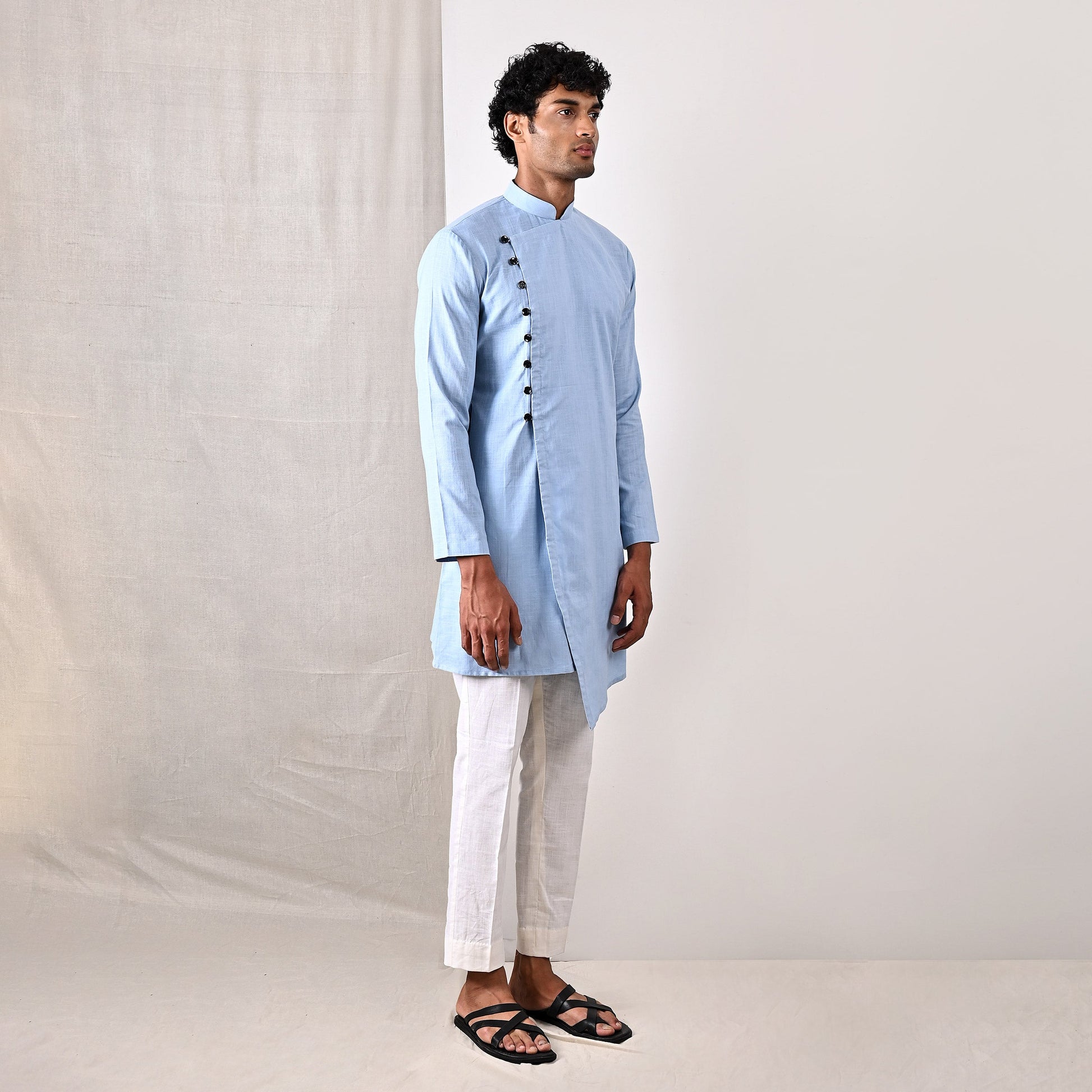 Jaxon - Sky Blue Asymmetrical Kurta With Off White Pant Set-1