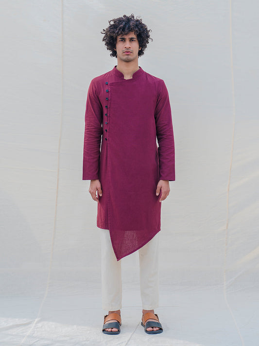 Cotton X Linen Wine Kurta with Pant Set-0