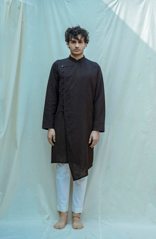 Cotton X Linen Black Overlapped Kurta-0