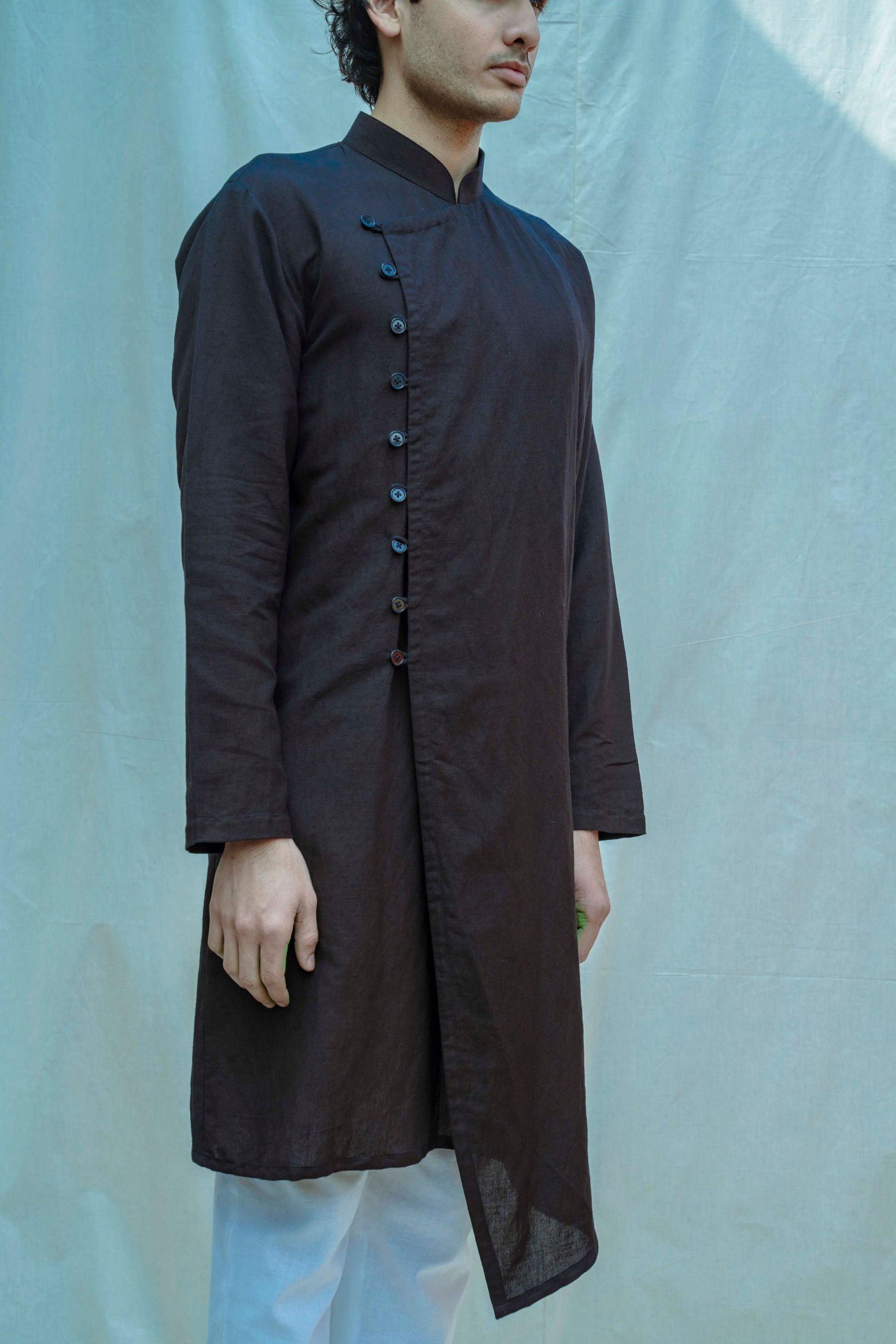 Cotton X Linen Black Overlapped Kurta-2