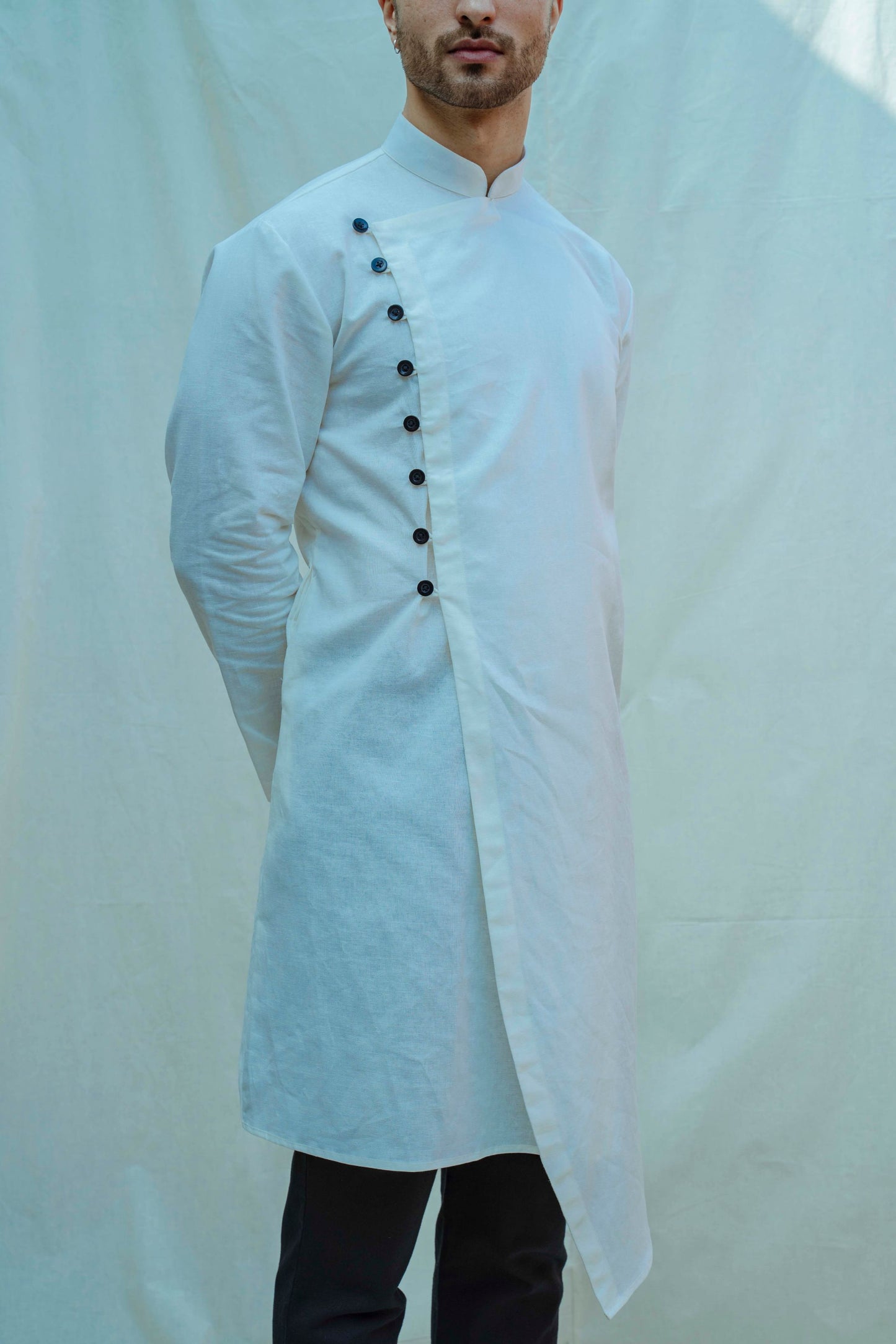 Cotton X Linen White Overlapped Kurta Set-2