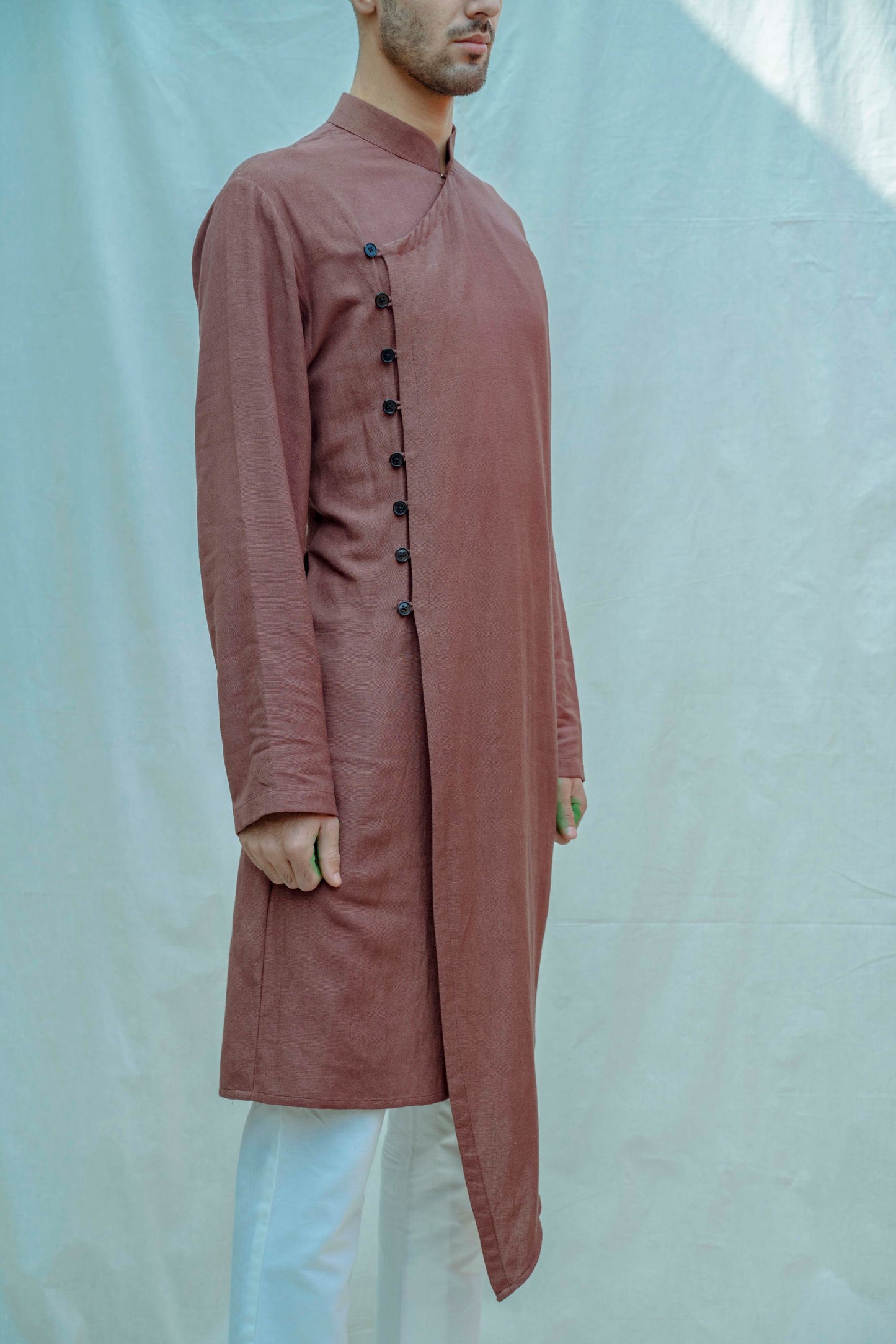 Cotton X Linen Brown Overlapped Kurta-2