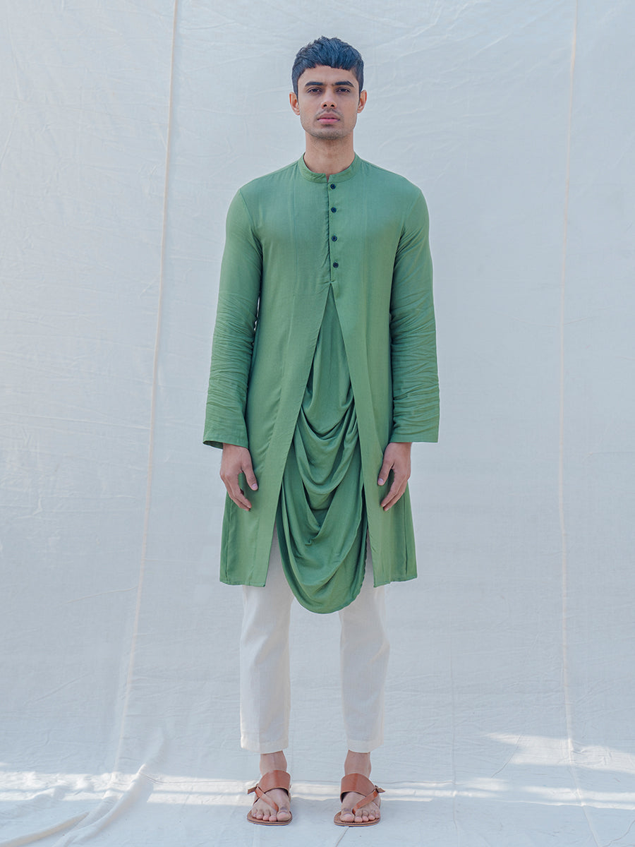 Cotton X Rayon Green Cowl Kurta with Off-White Pant Set-0