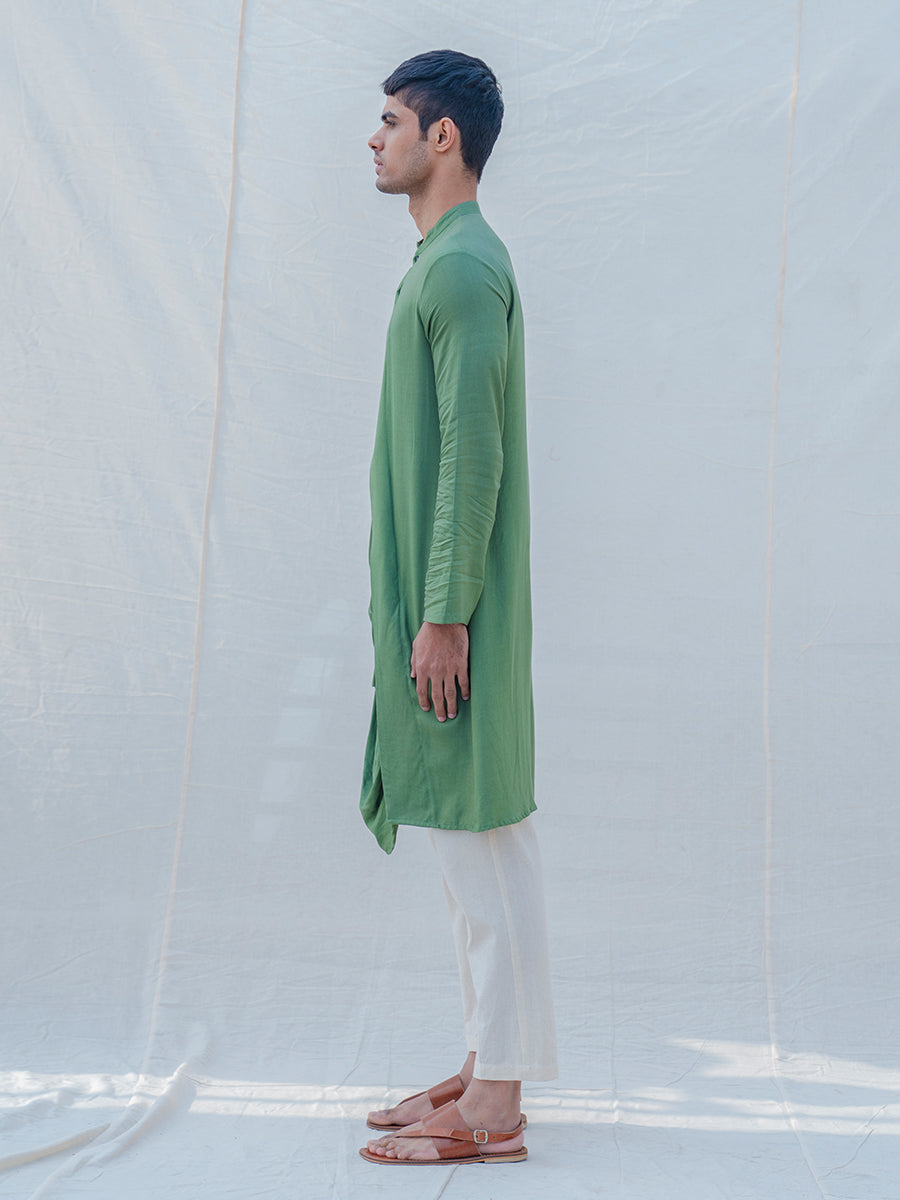 Cotton X Rayon Green Cowl Kurta with Off-White Pant Set-2