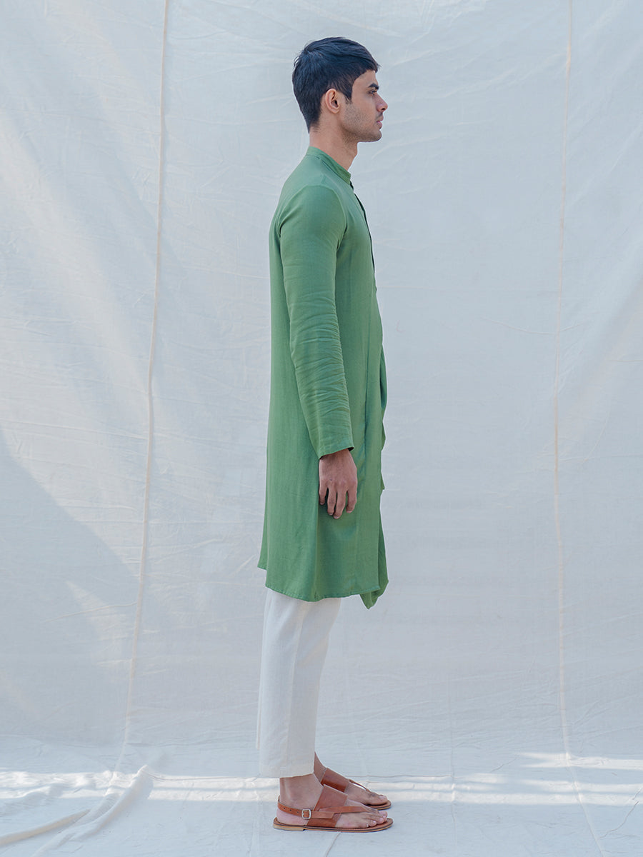 Cotton X Rayon Green Cowl Kurta with Off-White Pant Set-3