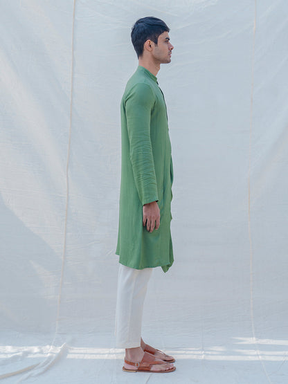 Cotton X Rayon Green Cowl Kurta with Off-White Pant Set-3