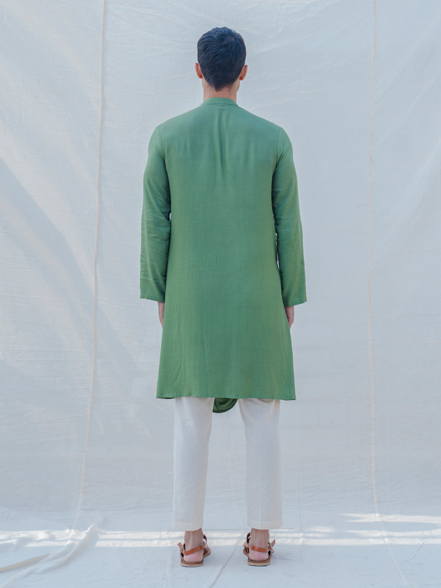 Cotton X Rayon Green Cowl Kurta with Off-White Pant Set-4