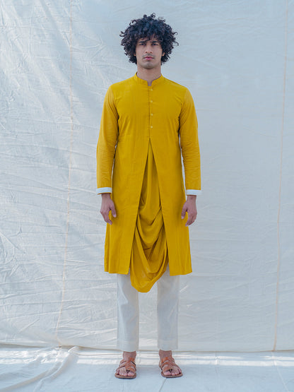 Cotton X Rayon Mustard Cowl Kurta with Off-White Pant Set-0