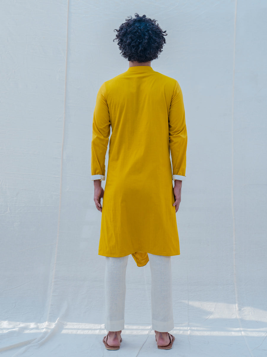 Cotton X Rayon Mustard Cowl Kurta with Off-White Pant Set-4