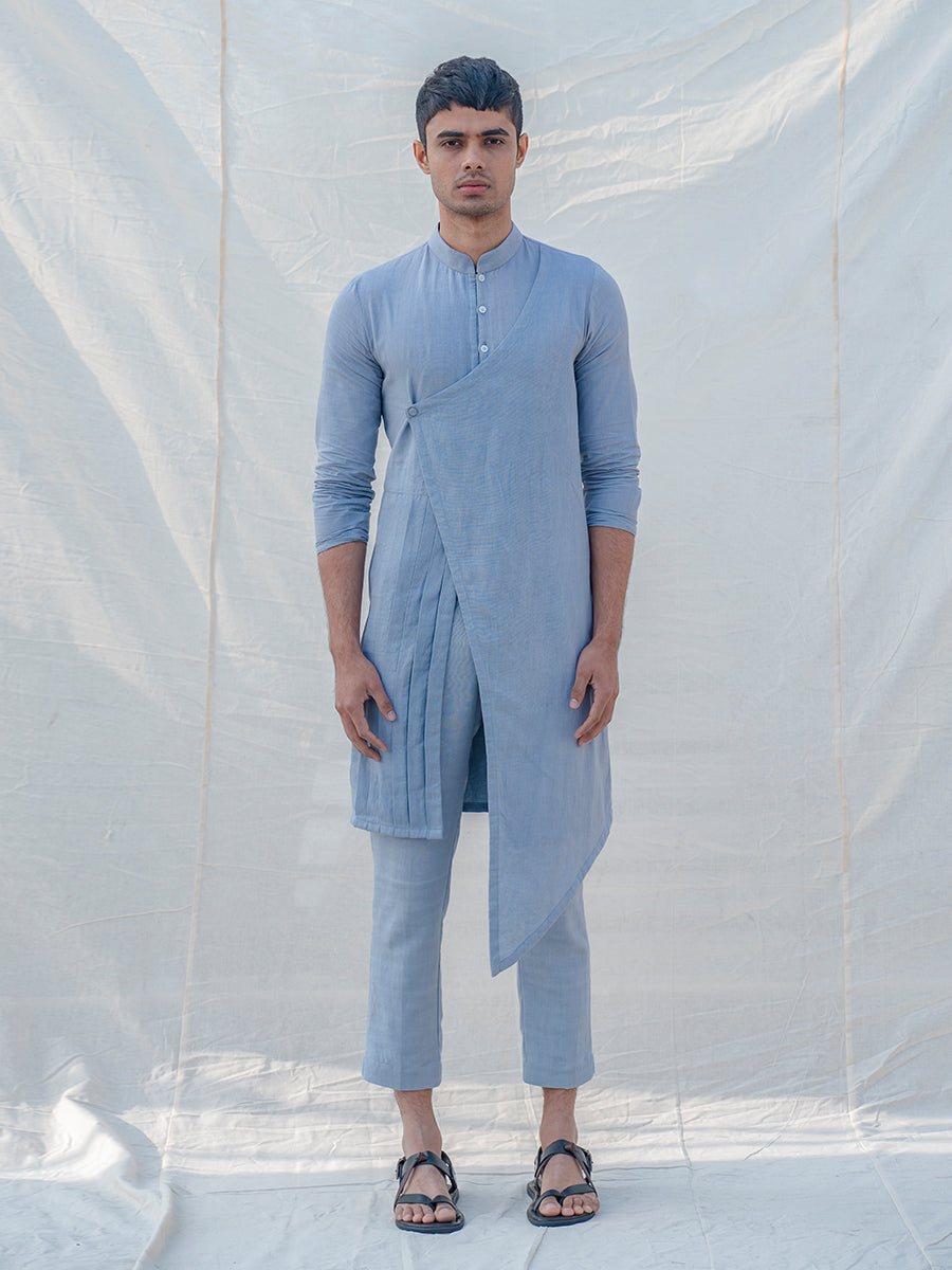 Cotton X Linen Light Blue Overlapping & Pleated Kurta-0