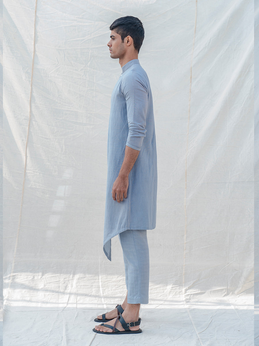 Cotton X Linen Light Blue Overlapping & Pleated Kurta-1