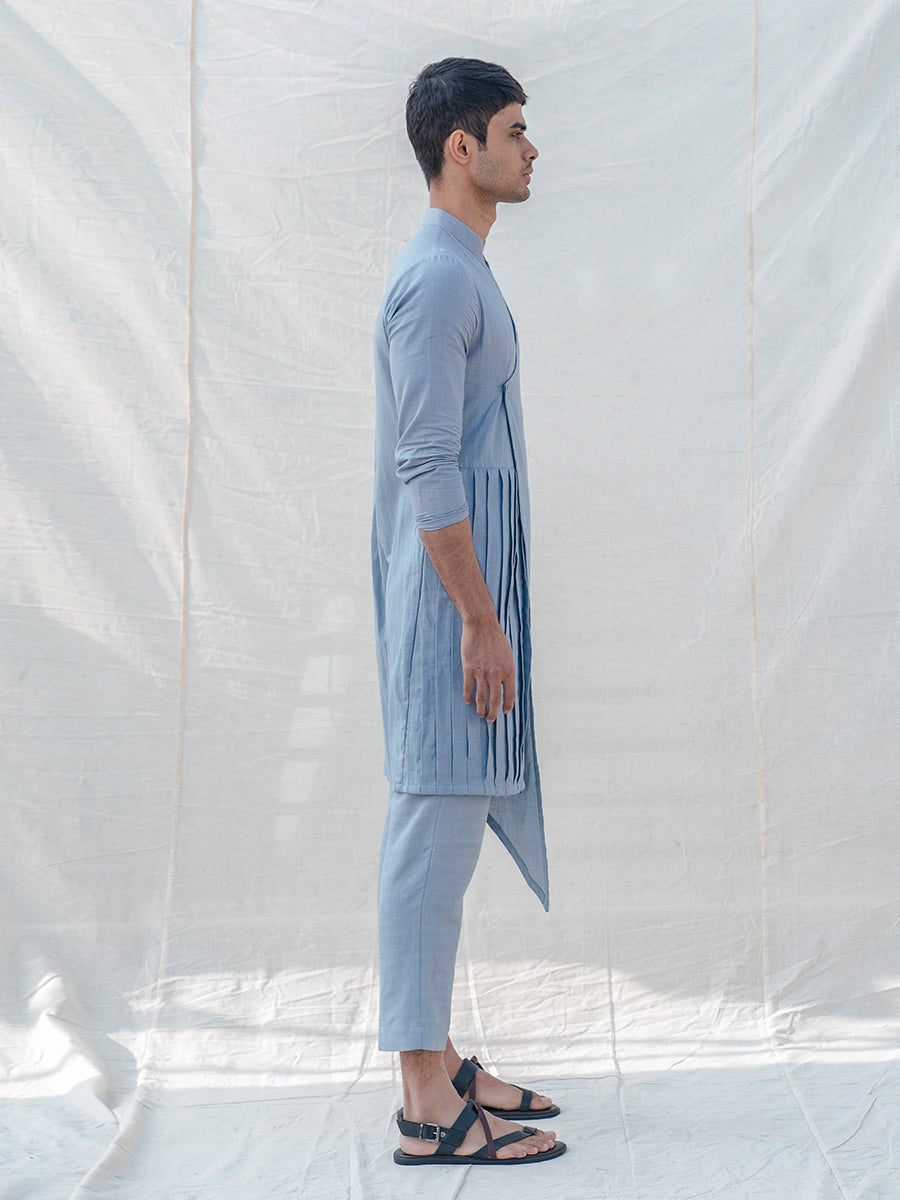 Cotton X Linen Light Blue Overlapping & Pleated Kurta-3