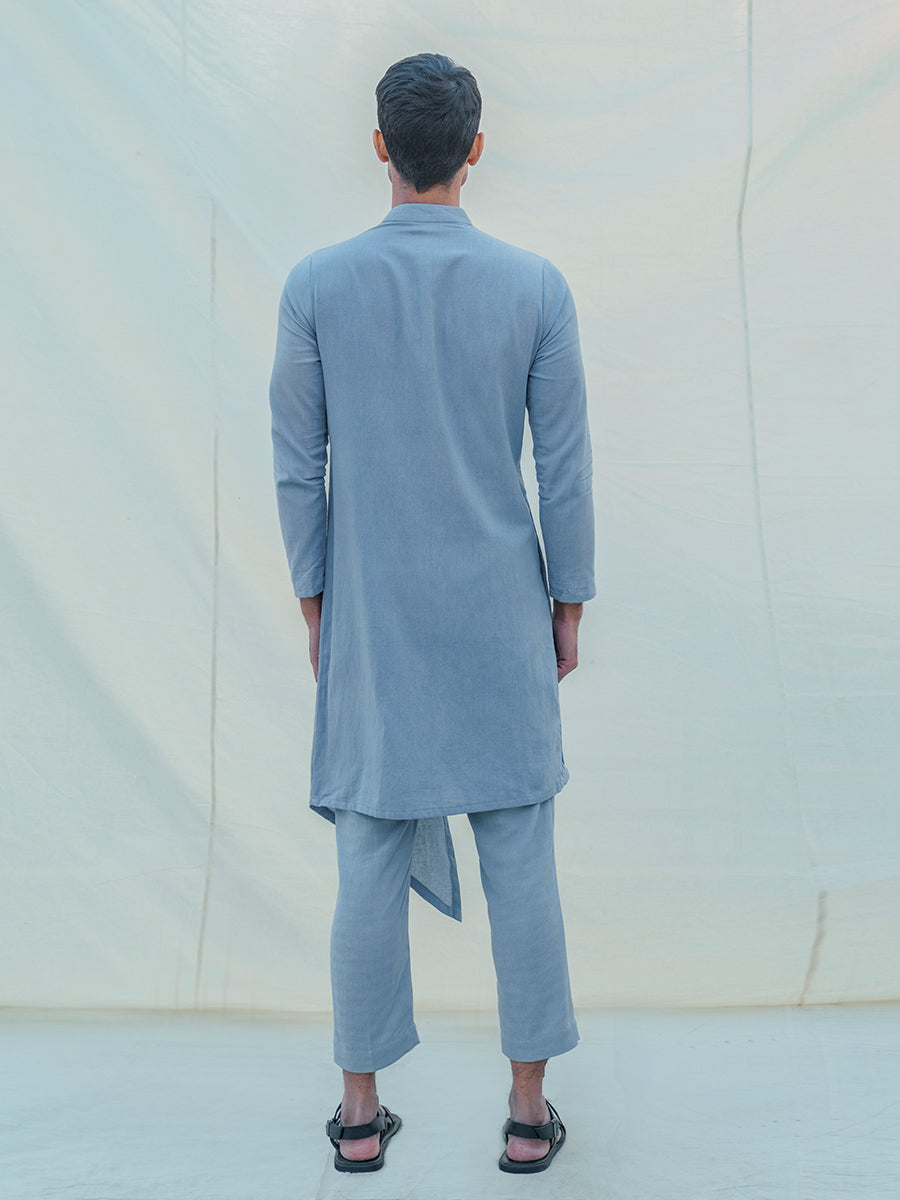 Cotton X Linen Light Blue Overlapping & Pleated Kurta-4