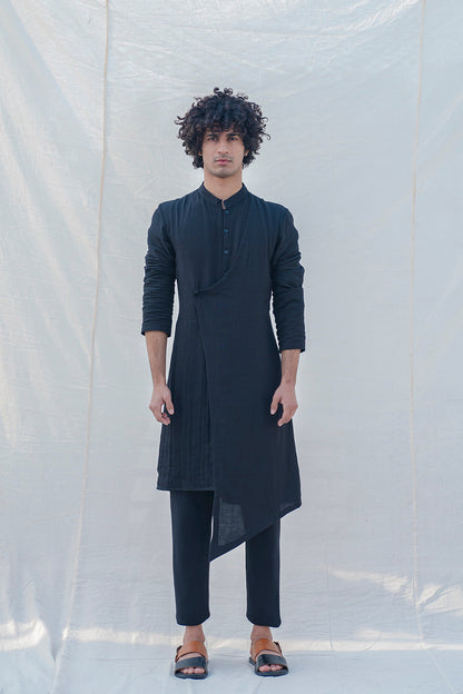 Cotton X Linen Black Overlap & Pleated Kurta-0