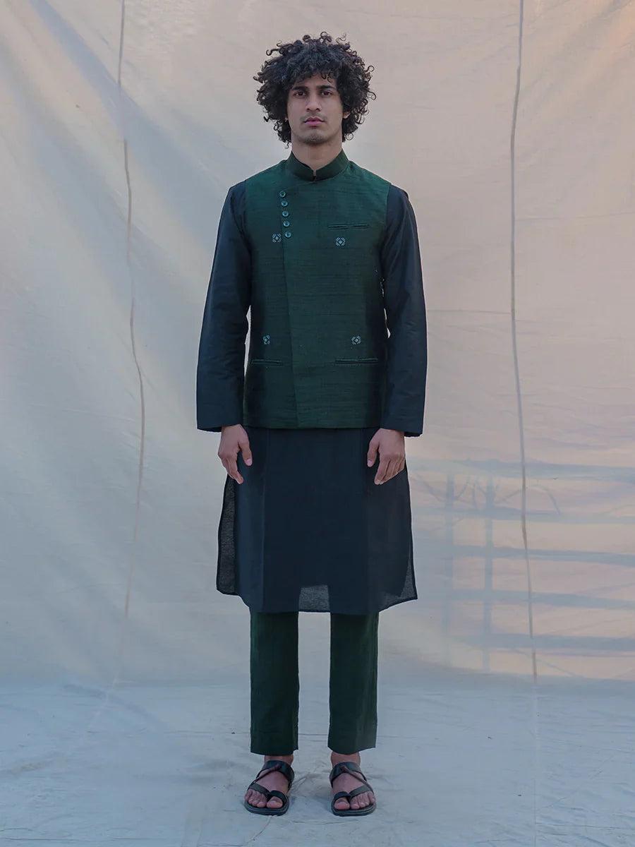 RAW SILK GREEN WAIST COAT, KURTA AND PANT SET-0